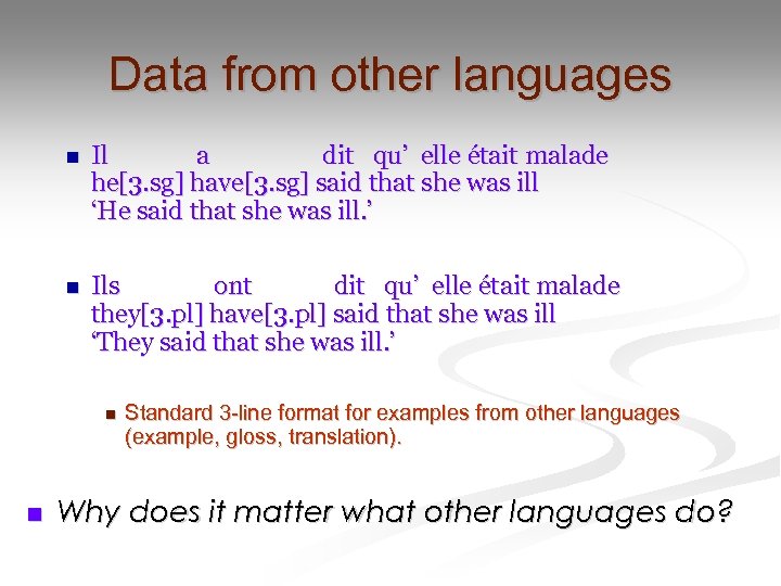 Data from other languages n Il a dit qu’ elle était malade he[3. sg]