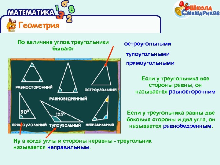 Геометрия По величине углов треугольники бывают остроугольными тупоугольными прямоугольными Если у треугольника все стороны