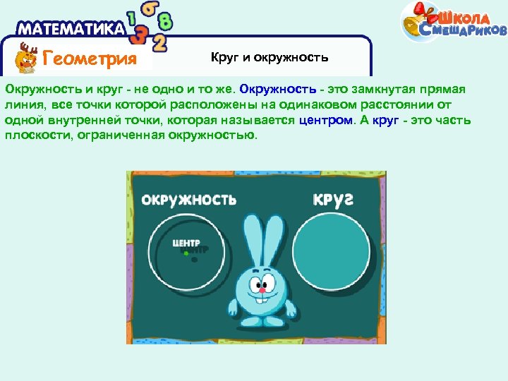 Геометрия Круг и окружность Окружность и круг - не одно и то же. Окружность