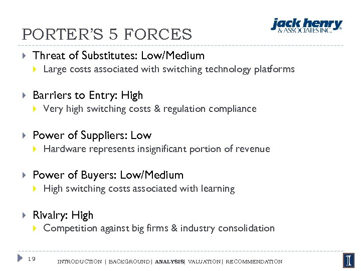 PORTER’S 5 FORCES Threat of Substitutes: Low/Medium Barriers to Entry: High Hardware represents insignificant