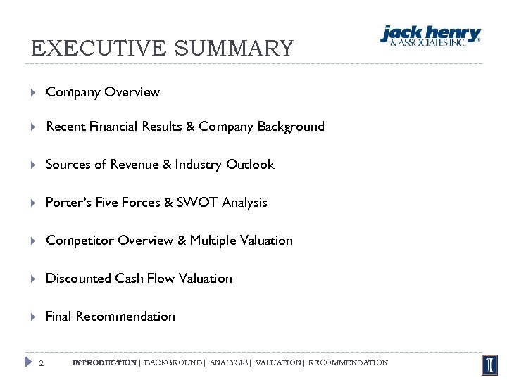 EXECUTIVE SUMMARY Company Overview Recent Financial Results & Company Background Sources of Revenue &