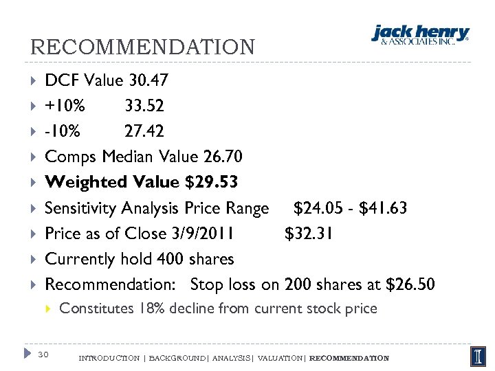 RECOMMENDATION DCF Value 30. 47 +10% 33. 52 -10% 27. 42 Comps Median Value