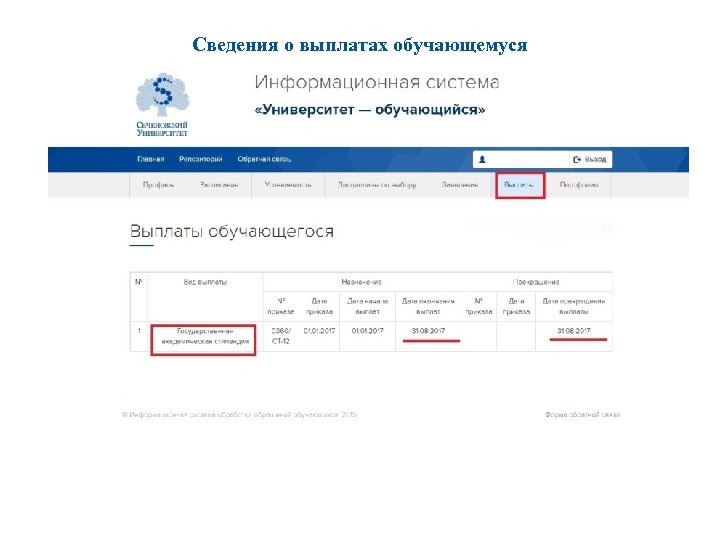 Сведения о выплатах обучающемуся 