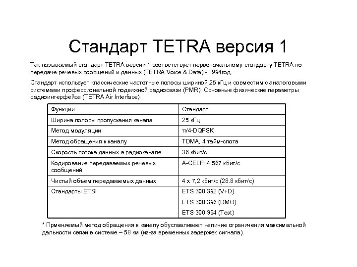 Стандарт TETRA версия 1 Так называемый стандарт TETRA версии 1 соответствует первоначальному стандарту TETRA