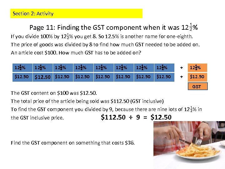 Section 2: Activity Page 11: Finding the GST component when it was 12 %