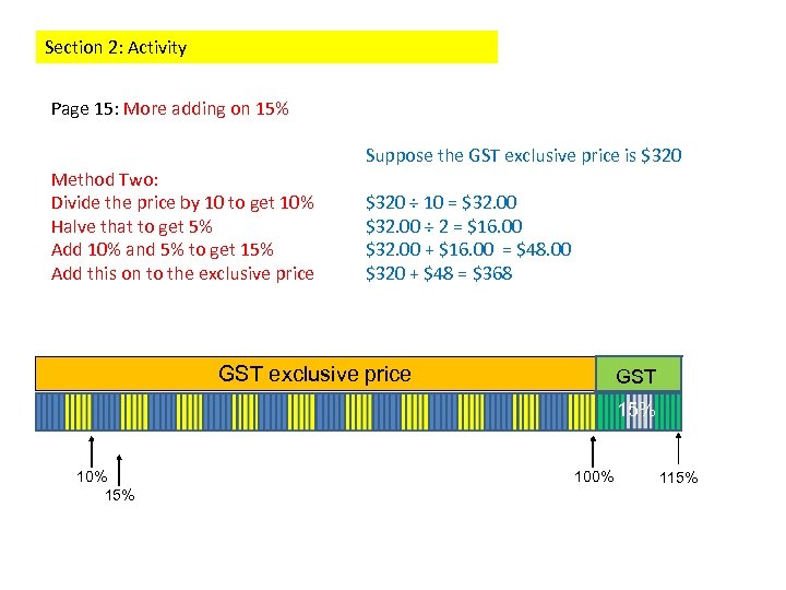 Section 2: Activity Page 15: More adding on 15% Method Two: Divide the price