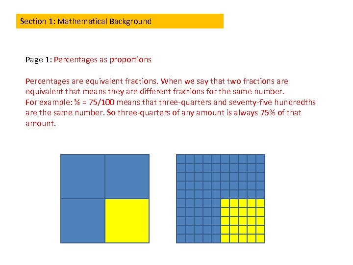 Section 1: Mathematical Background Page 1: Percentages as proportions Percentages are equivalent fractions. When