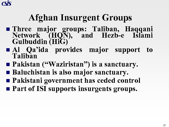 Afghan Insurgent Groups Three major groups: Taliban, Haqqani Network (HQN), and Hezb-e Islami Gulbuddin