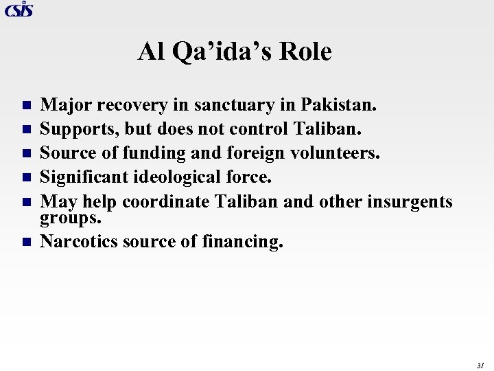 Al Qa’ida’s Role n n n Major recovery in sanctuary in Pakistan. Supports, but