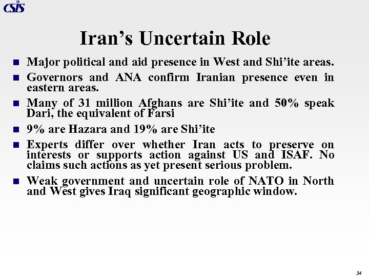 Iran’s Uncertain Role n n n Major political and aid presence in West and