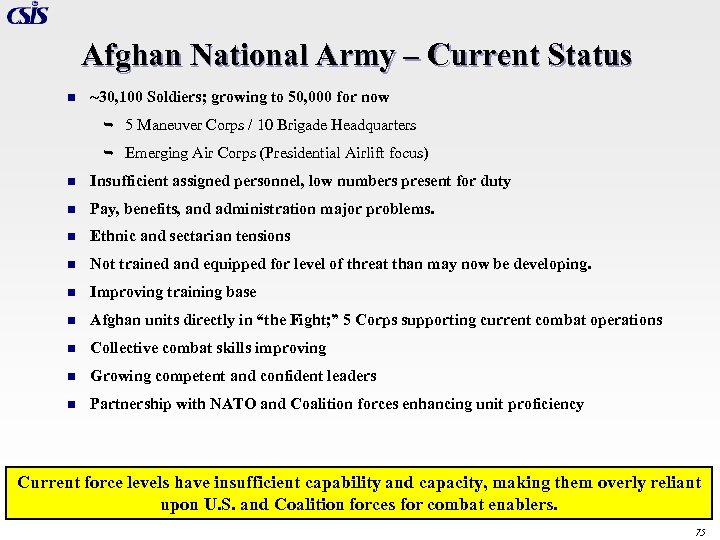 Afghan National Army – Current Status n ~30, 100 Soldiers; growing to 50, 000