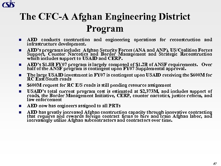 The CFC-A Afghan Engineering District Program n n n n AED conducts construction and