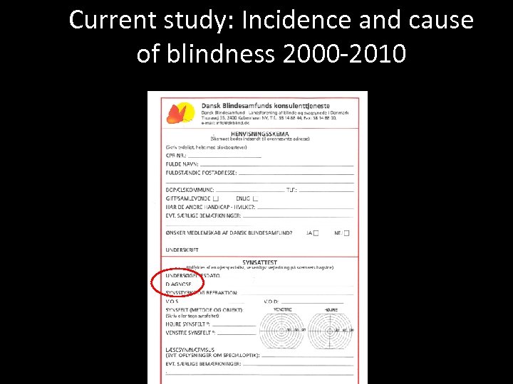 Current study: Incidence and cause of blindness 2000 -2010 Dias 11 