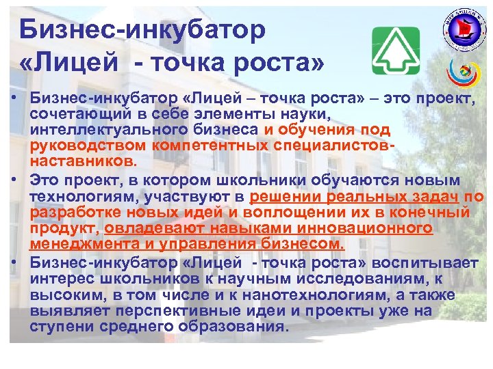 Бизнес-инкубатор «Лицей - точка роста» • Бизнес-инкубатор «Лицей – точка роста» – это проект,