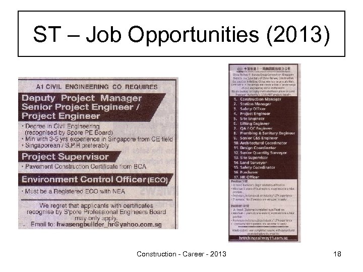 ST – Job Opportunities (2013) Construction - Career - 2013 18 