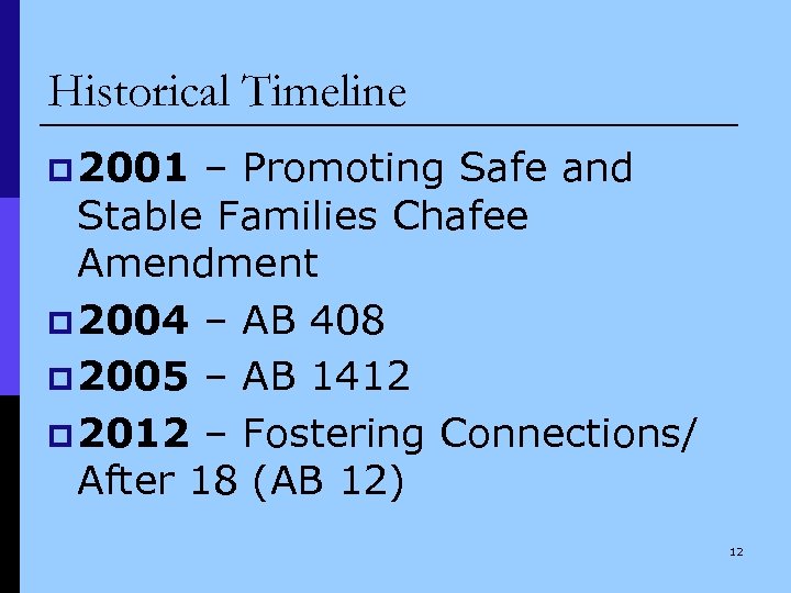 Historical Timeline p 2001 – Promoting Safe and Stable Families Chafee Amendment p 2004