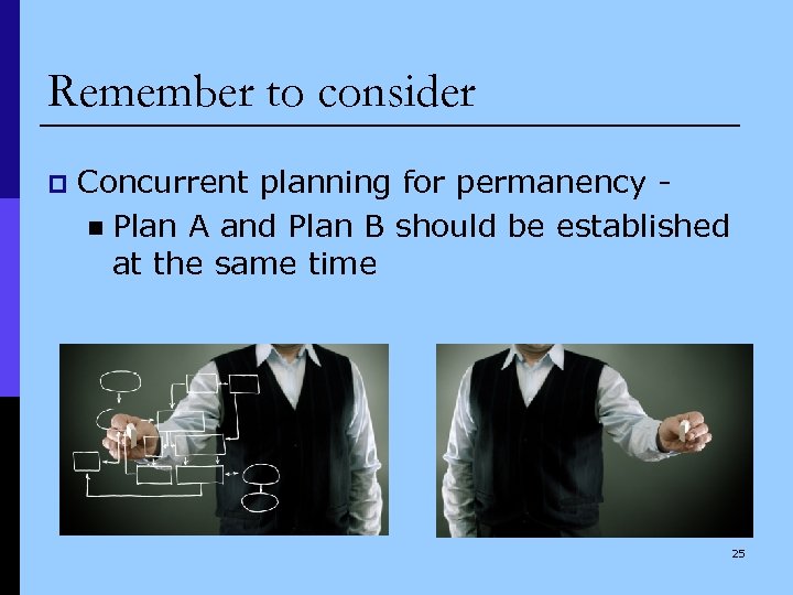 Remember to consider p Concurrent planning for permanency n Plan A and Plan B