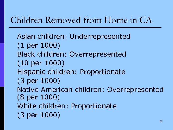 Children Removed from Home in CA Asian children: Underrepresented (1 per 1000) Black children: