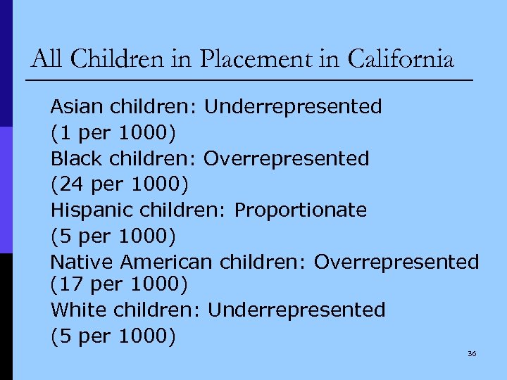 All Children in Placement in California Asian children: Underrepresented (1 per 1000) Black children: