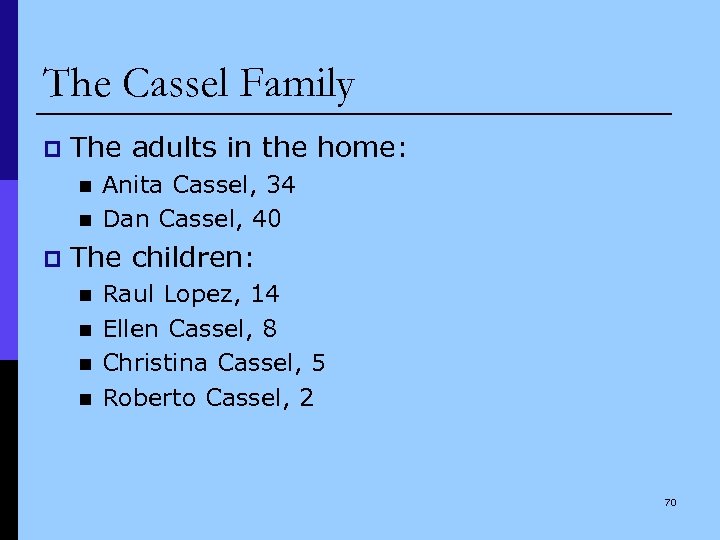 The Cassel Family p The adults in the home: n n p Anita Cassel,
