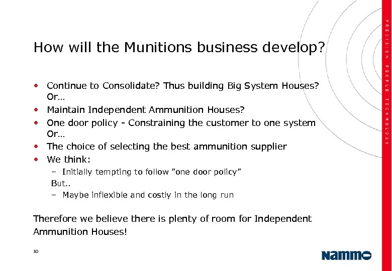 How will the Munitions business develop? • Continue to Consolidate? Thus building Big System