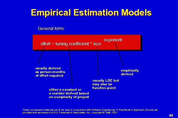 Empirical Estimation Models General form: effort = tuning coefficient * size exponent usually derived