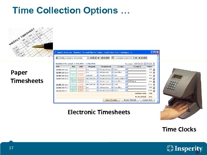 Time Collection Options … Paper Timesheets Electronic Timesheets Time Clocks 37 37 