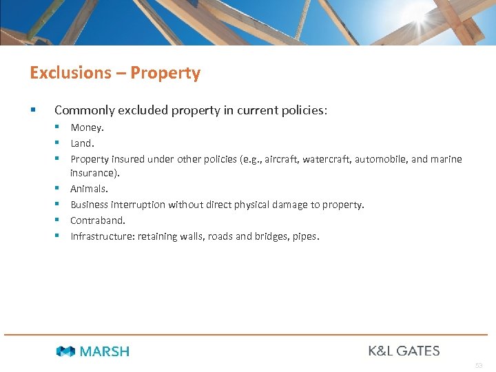 Exclusions – Property § Commonly excluded property in current policies: § Money. § Land.