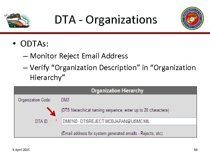 DTA - Organizations • ODTAs: – Monitor Reject Email Address – Verify “Organization Description”