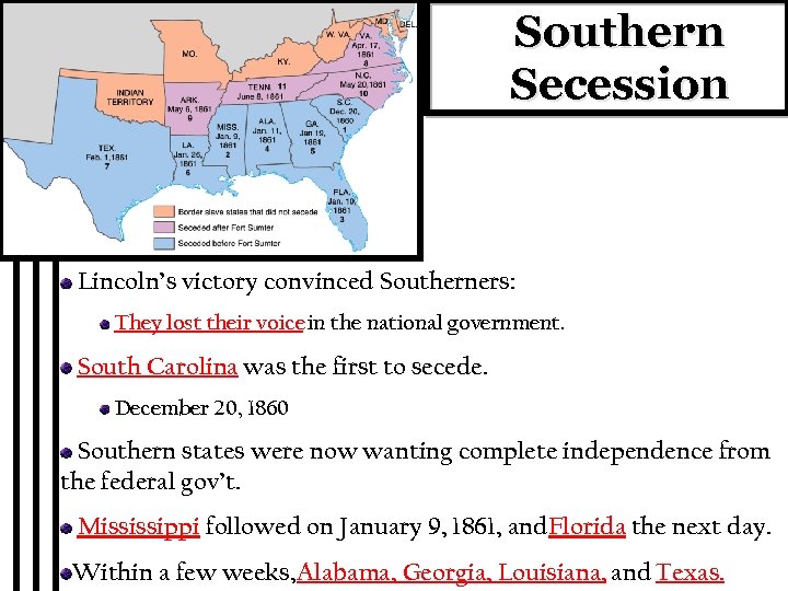 Southern Secession Lincoln’s victory convinced Southerners: They lost their voice in the national government.