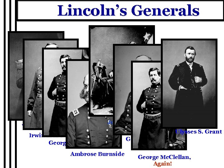 Lincoln’s Generals Joseph Hooker Winfield Scott Irwin Mc. Dowell George Mc. Clellan Ambrose Burnside