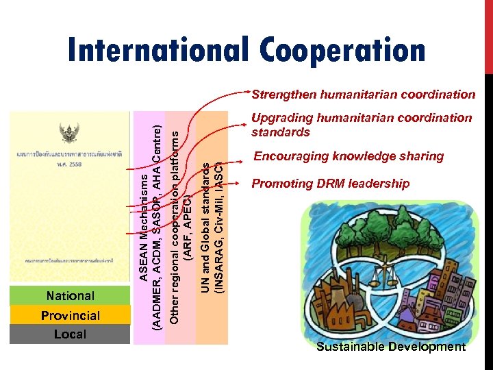 International Cooperation Provincial Local Upgrading humanitarian coordination standards UN and Global standards (INSARAG, Civ-Mil,