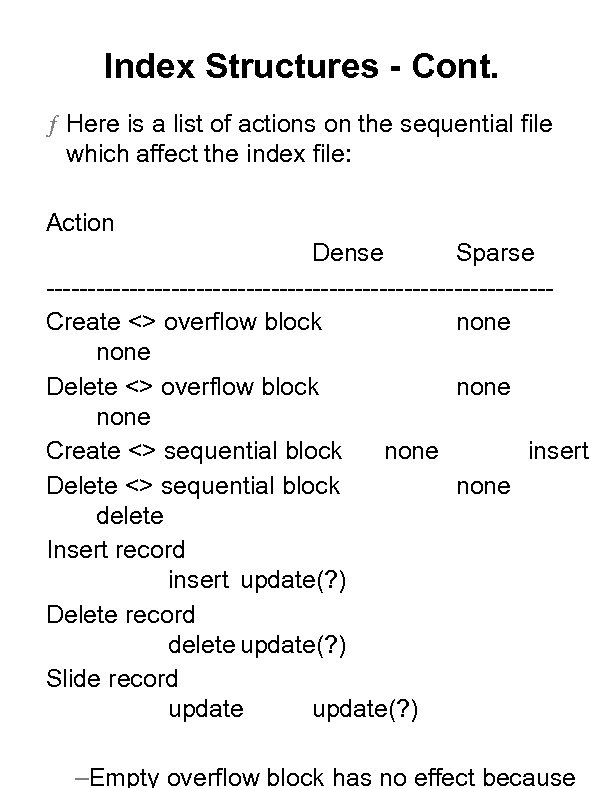 Index Structures - Cont. ƒ Here is a list of actions on the sequential