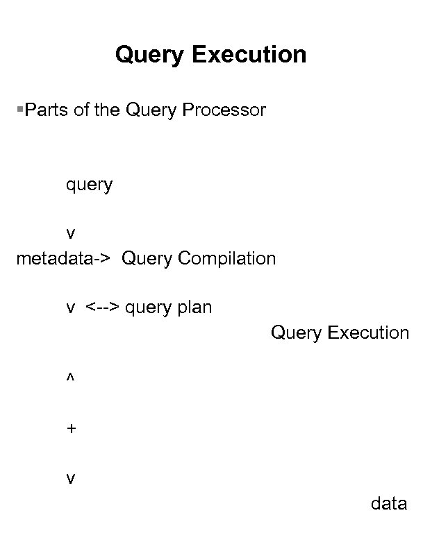 Query Execution §Parts of the Query Processor query v metadata-> Query Compilation v <-->