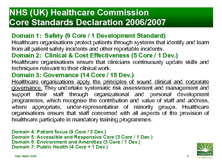 NHS (UK) Healthcare Commission Core Standards Declaration 2006/2007 Domain 1: Safety (9 Core /