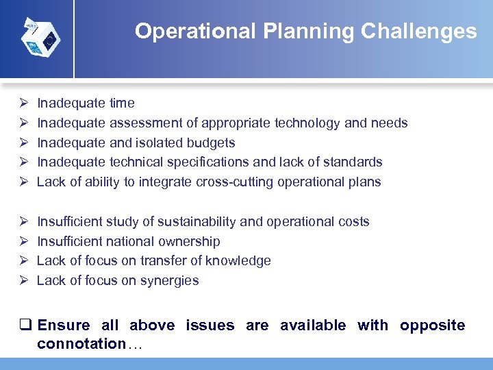 Operational Planning Challenges Ø Ø Ø Inadequate time Inadequate assessment of appropriate technology and