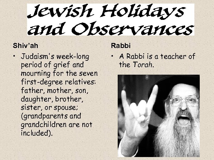 Shiv’ah • Judaism's week-long period of grief and mourning for the seven first-degree relatives: