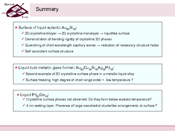 Summary Surface of liquid eutectic Au 82 Si 18: 2 D-crystalline bilayer → 2