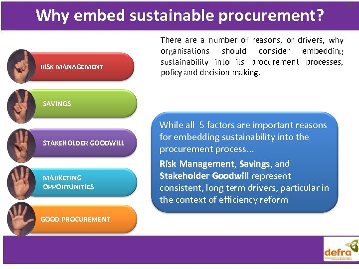 Why embed sustainable procurement? RISK MANAGEMENT M 1 There a number of reasons, or
