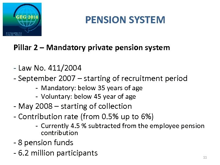 PENSION SYSTEM Pillar 2 – Mandatory private pension system - Law No. 411/2004 -