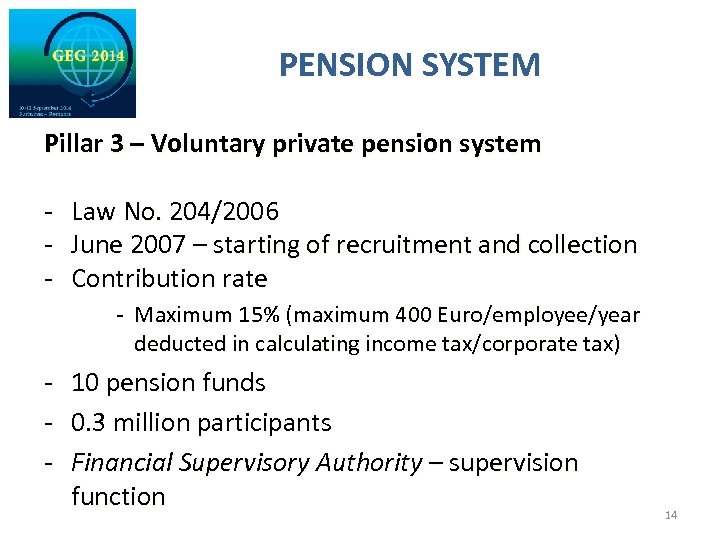 PENSION SYSTEM Pillar 3 – Voluntary private pension system - Law No. 204/2006 June