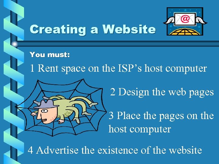 Creating a Website You must: 1 Rent space on the ISP’s host computer 2