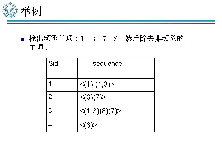举例 n 找出频繁单项： 1，3，7，8；然后除去非频繁的 单项： Sid sequence 1 <(1) (1, 3)> 2 <(3)(7)> 3