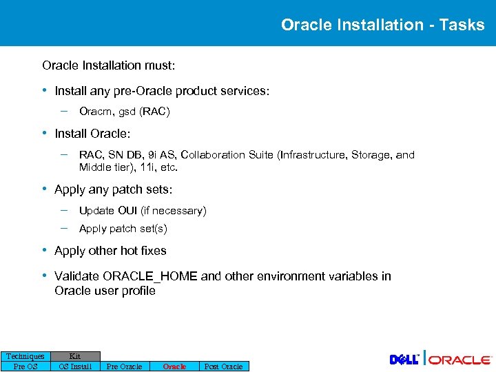 Oracle Installation - Tasks Oracle Installation must: • Install any pre-Oracle product services: –