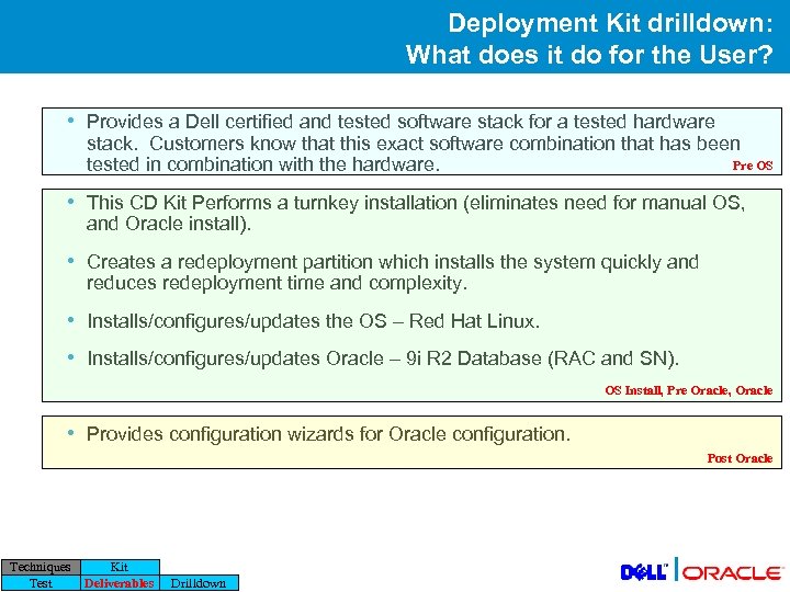 Deployment Kit drilldown: What does it do for the User? • Provides a Dell