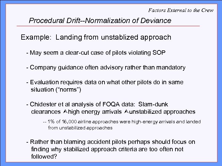 Factors External to the Crew Procedural Drift--Normalization of Deviance Click to edit Master approach