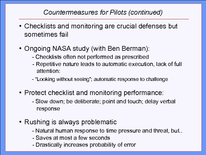 Countermeasures for Pilots (continued) Click to edit Master title style • Checklists and monitoring