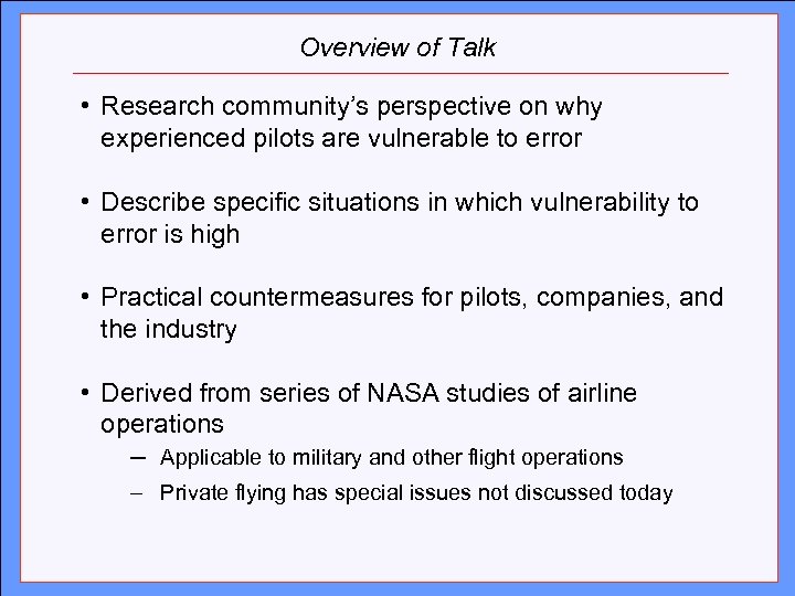 Overview of Talk Click to edit Master title style • Research community’s perspective on