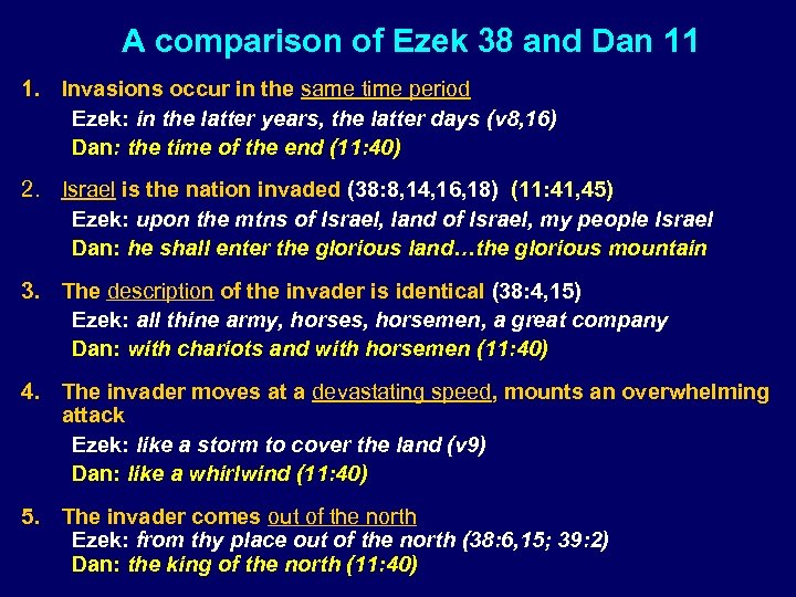 A comparison of Ezek 38 and Dan 11 1. Invasions occur in the same