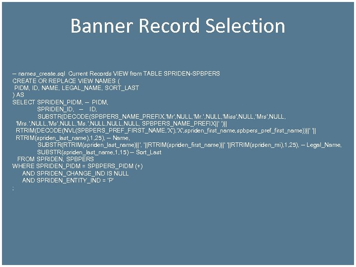 Banner Record Selection -- names_create. sql Current Records VIEW from TABLE SPRIDEN-SPBPERS CREATE OR